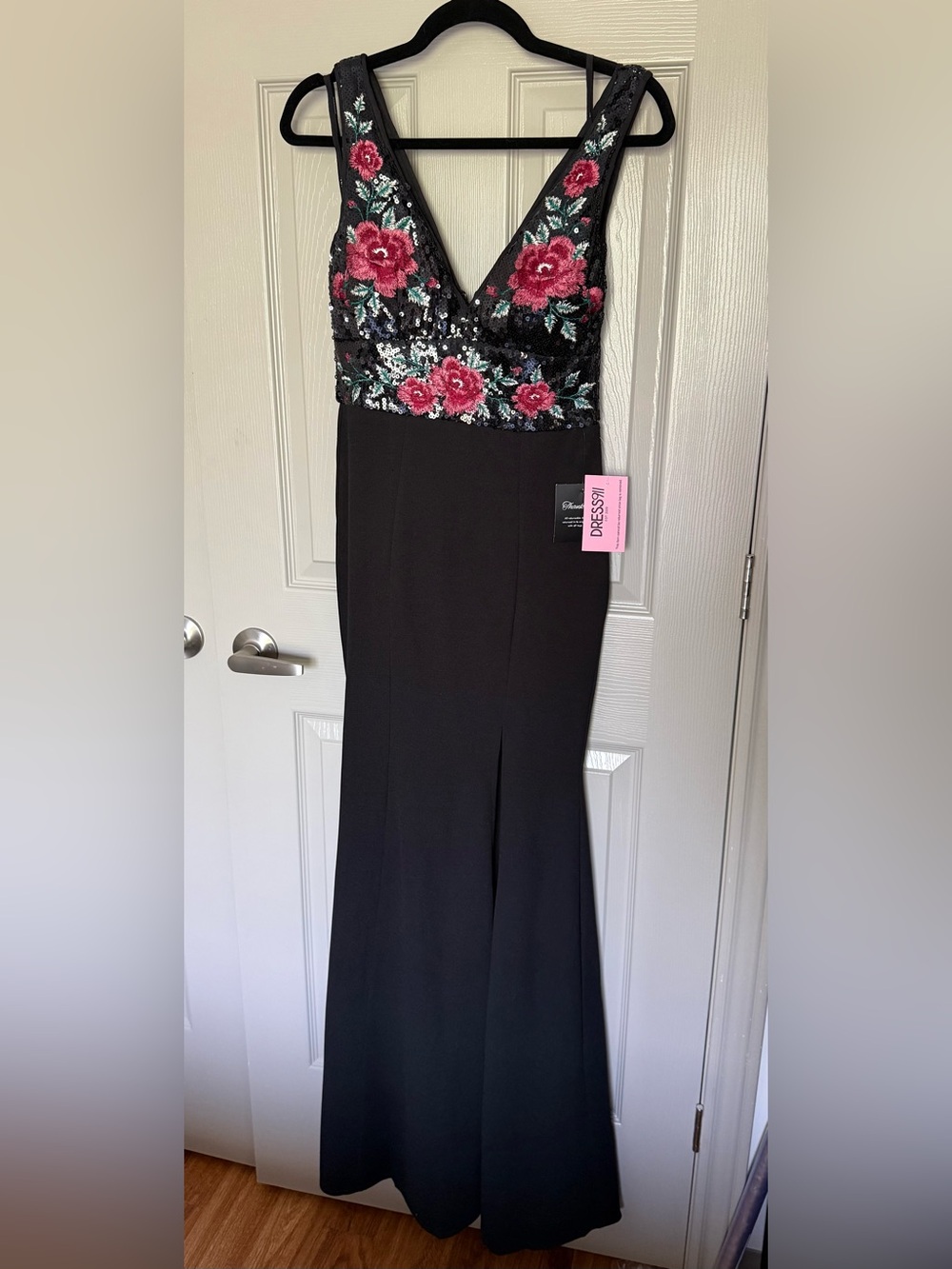 Black Evening Gown with Embroidered Floral and Sequin Bodice